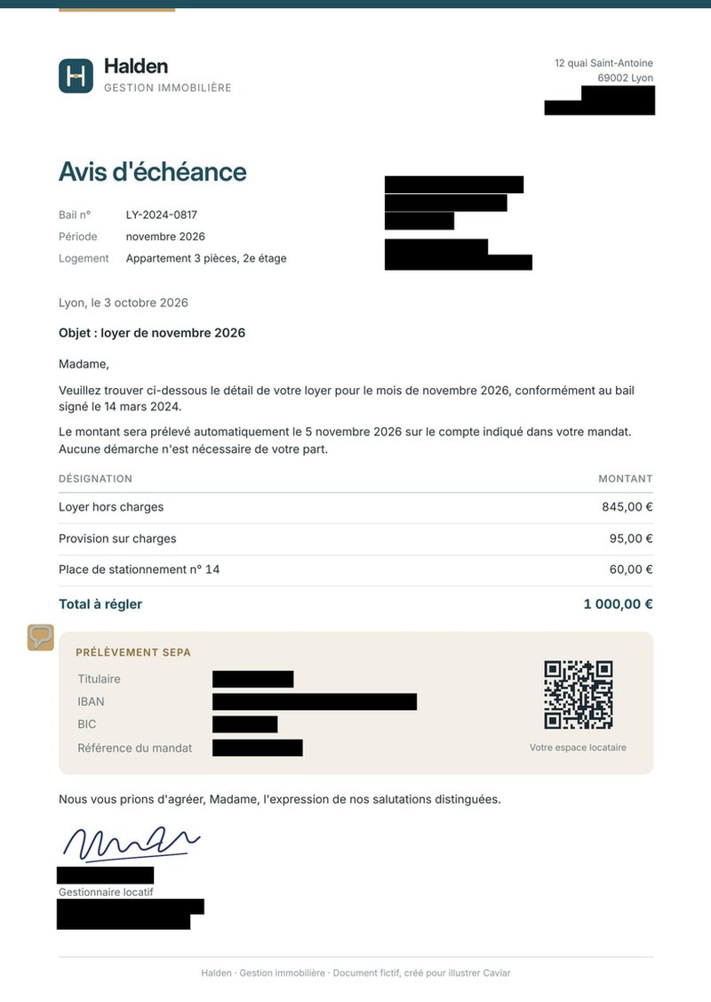 Le même document après Caviar : les données personnelles sont remplacées par des zones noires.